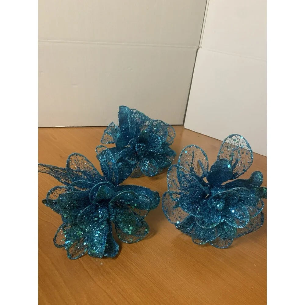 Lot Of 3 Glittered Turquoise Floral Stems  10” X 6”
